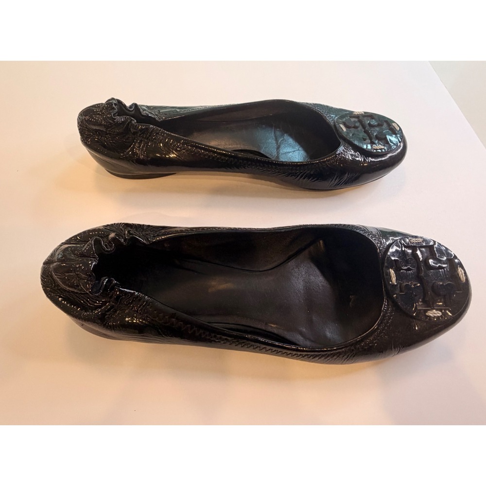 Tory Burch Reva Black Patent Leather Ballet Flats Scrunch Back Size 9 - Picture 4 of 7